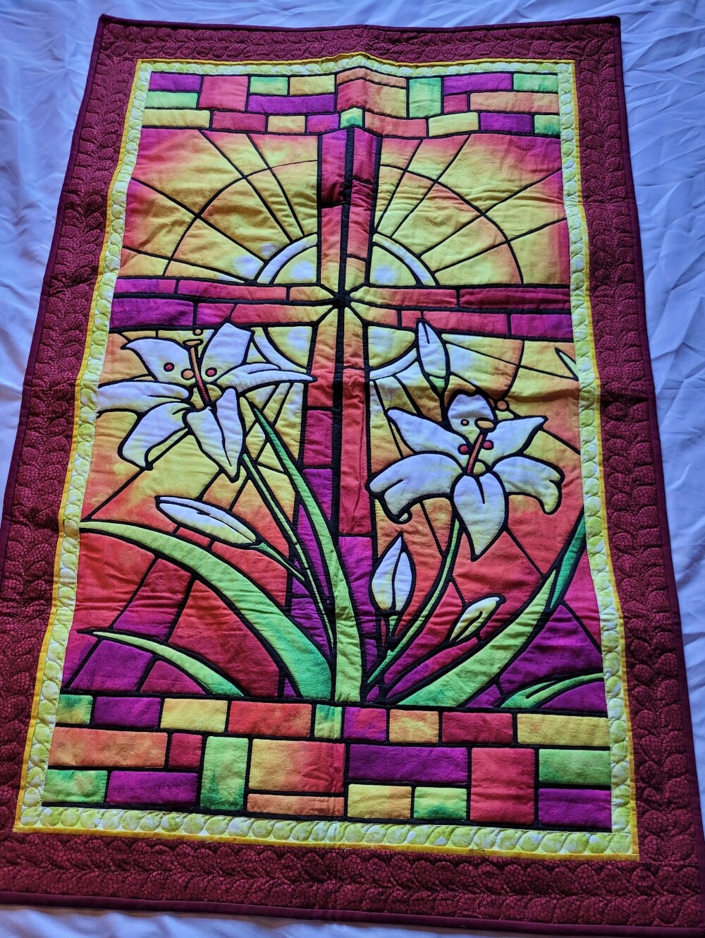 Handmade Stained Glass Easter Lily Cross Quilt Wall Hanging Art 30"x47"